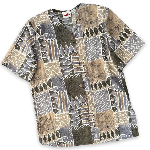 Vintage Boho Aztec Abstract Patterns Button Down Blouse Shirt - Picture 1 of 10